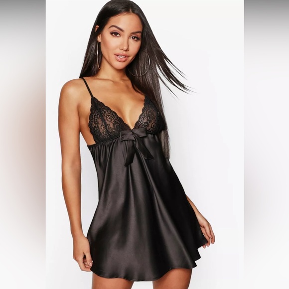 NWOT Satin and Lace Bow Babydoll Black Dress - Sexy, Lingerie, Sleep Dress - Picture 1 of 8